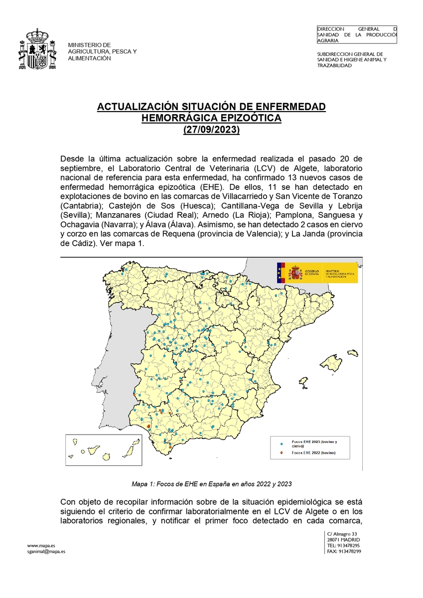 Imagen con información sobre la situación de la enfermedad hemorrágica epizoótica