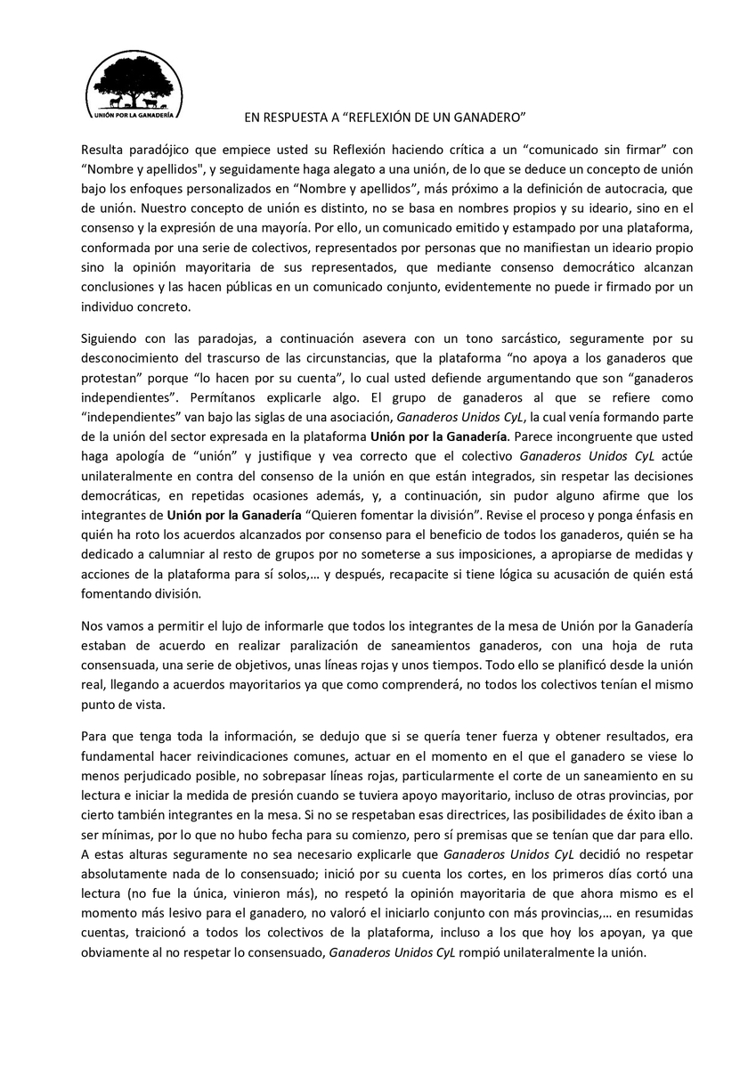 Imagen de un documento con la respuesta a la carta "Reflexión de un ganadero"