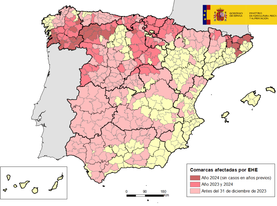 Mapa de España indicando las comarcas afectadas por EHE