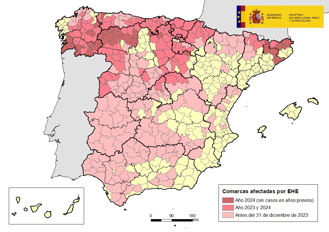 Mapa de España indicando las comarcas afectadas por EHE
