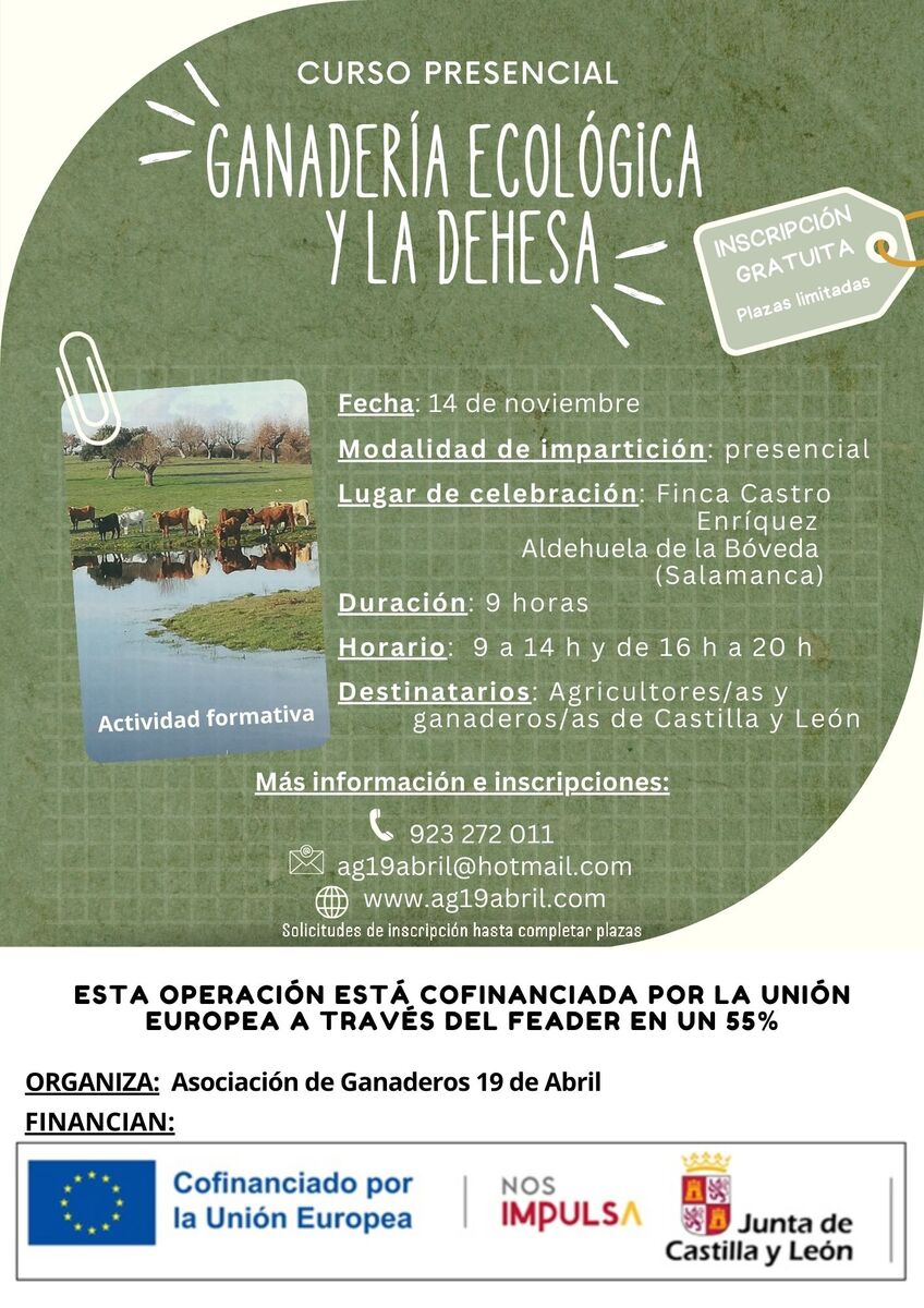 Imagen con información del curso presencial sobre "Ganadería ecológica y la Dehesa"