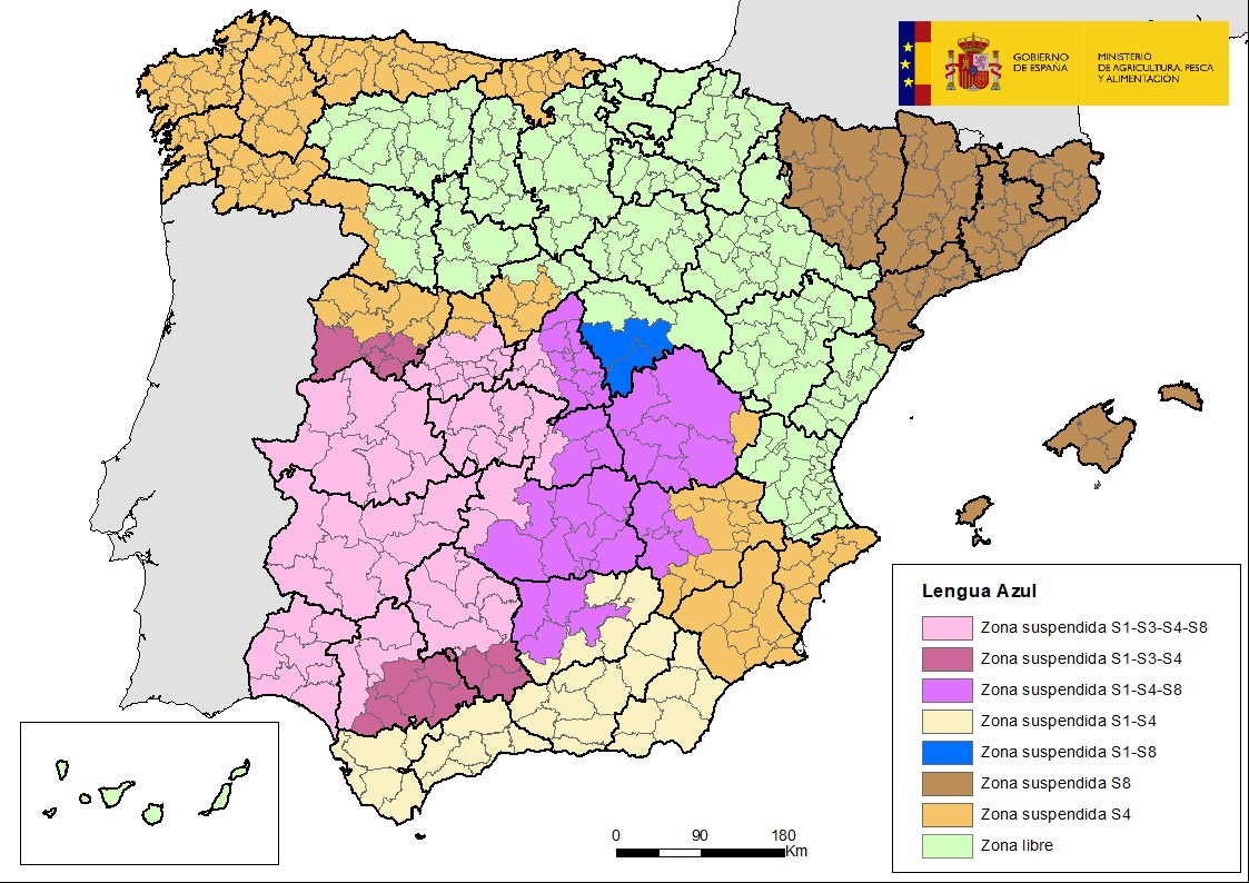 Mapa de España indicando las zonas suspendidas por la Lengua Azul