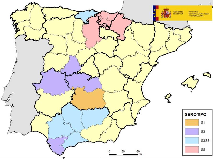 Mapa marcando zonas afectadas por Lengua Azul
