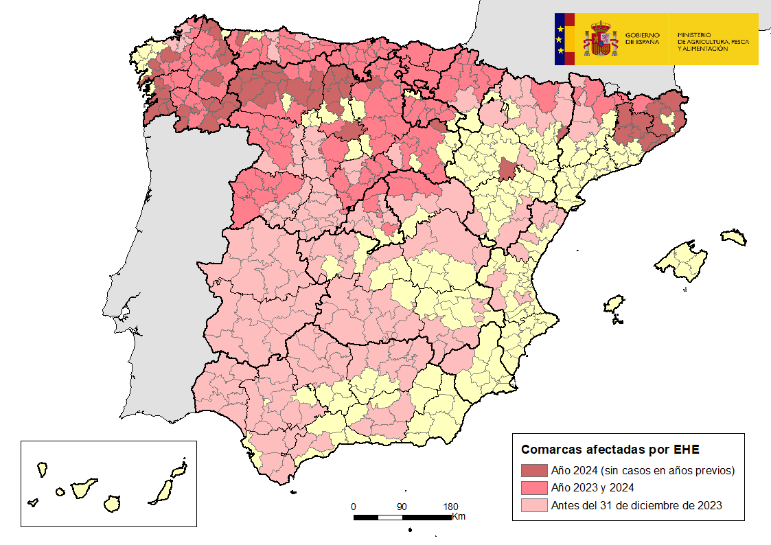 Mapa de España indicando comarcas afectadas por EHE