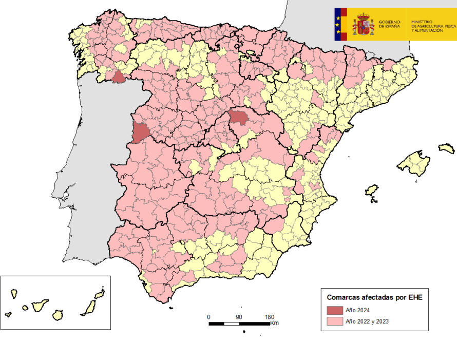 Mapa de España indicando las comarcas afectadas por EHE