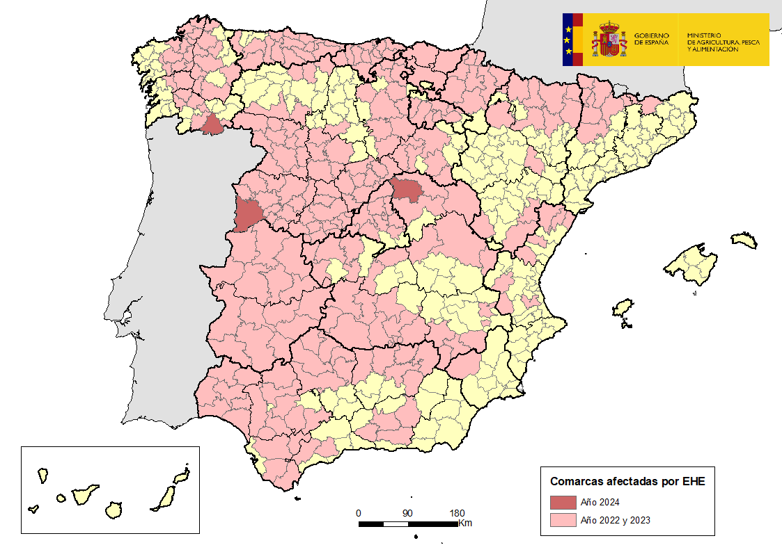 Mapa de España indicando las comarcas afectadas por EHE