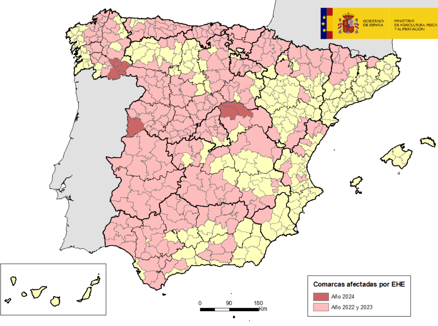Mapa de España indicando las comarcas afectadas por EHE