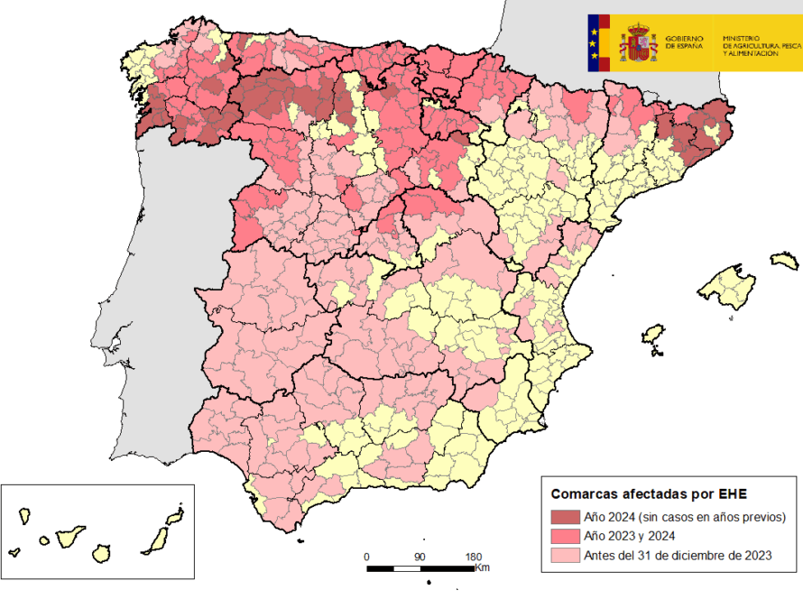 Mapa de España indicando las comarcas afectadas por EHE