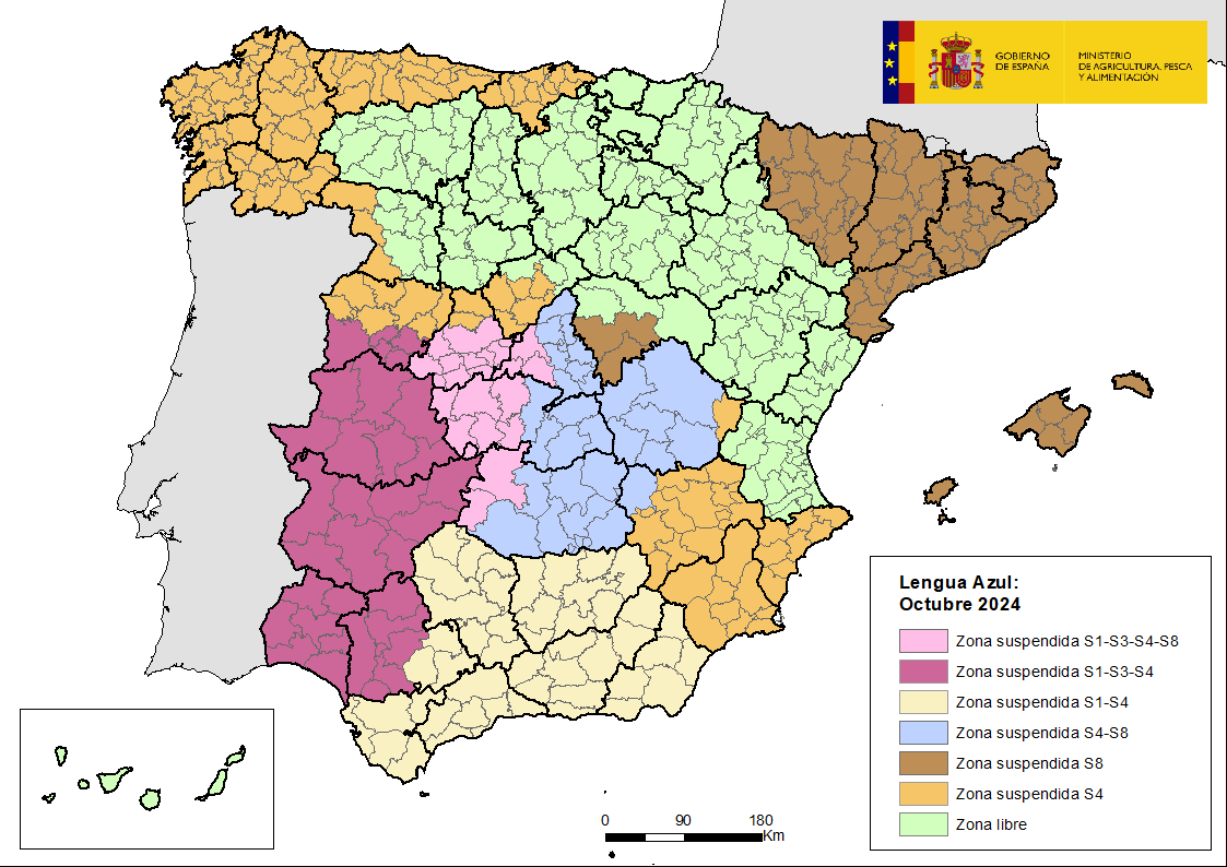 Mapa de España indicando las zonas suspendidas por la Lengua Azul