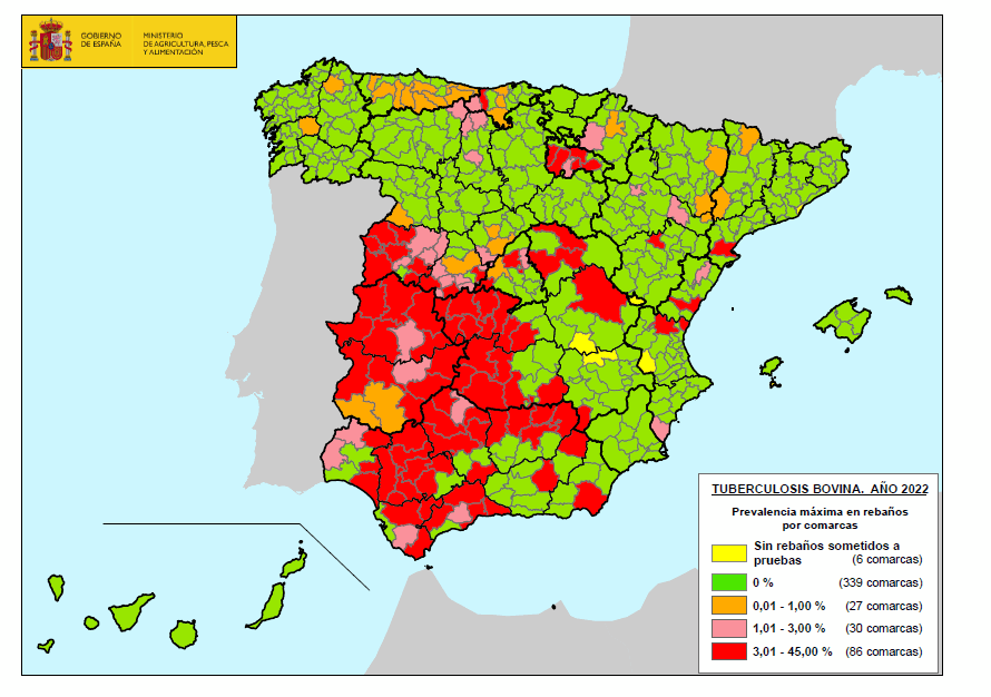 Mapa sobre las comarcas afectadas por la tuberculosis bovina