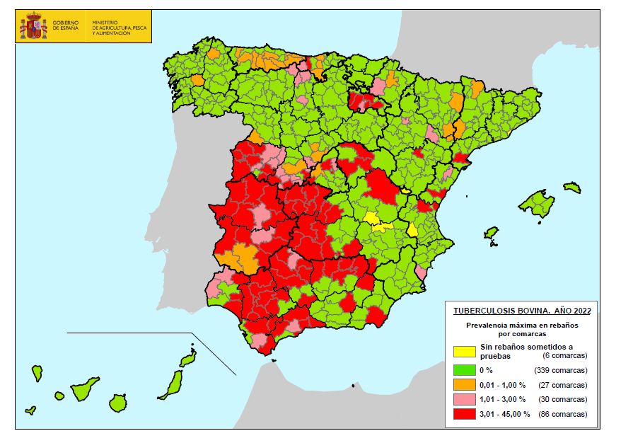 Mapa sobre las comarcas afectadas por la tuberculosis bovina